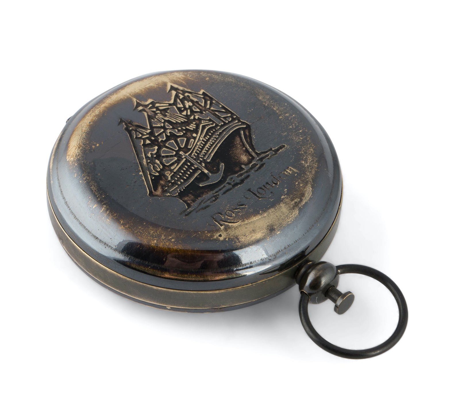 Ross London Antique Finish Brass Compass with Flip Top & Leather Case